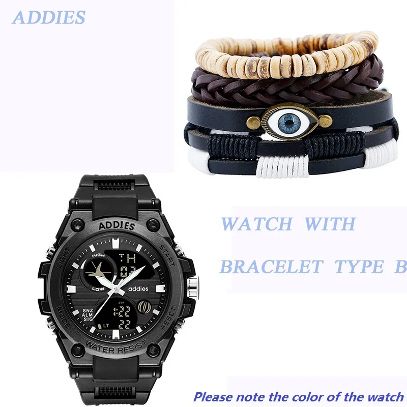 WITH BRACELET SET B Addies, мужские часы, 5 бар, водонепроницаемые, цифровая застежка для часов, черные/белые, мужские спортивные часы, резиновый ремешок, наручные часы для мужчин - Цвет: WITH BRACELET SET B