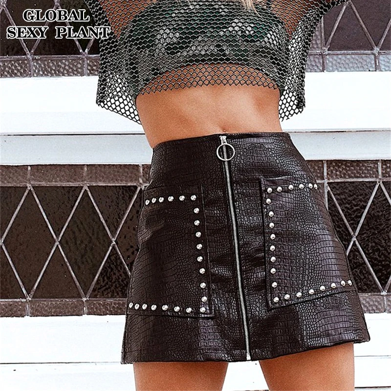 Высокая Талия пикантные кожаные юбки Для женщин Элегантный передняя молния Мини