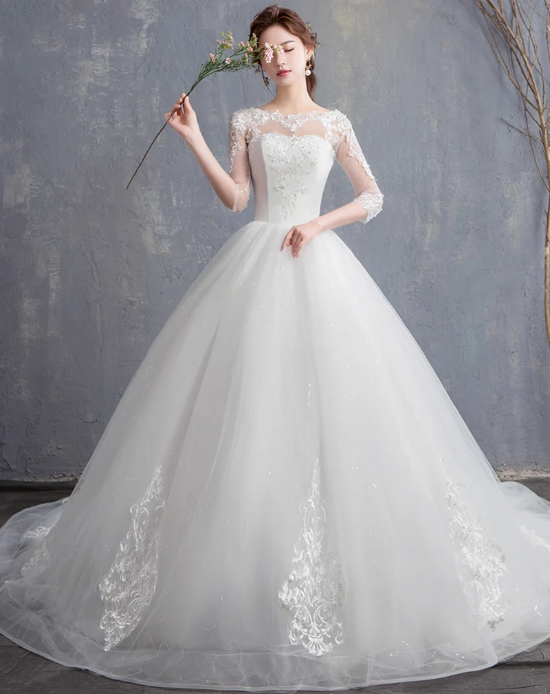 Свадебные платья со шлейфом новинка Vestidos de novia с круглым вырезом цвета слоновой