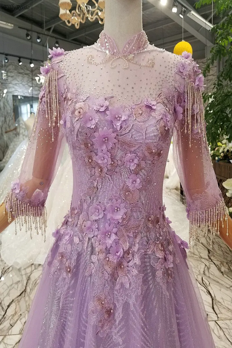 Lilac High Neck Prom Dress 2019 Sequins Beads Tassel Appliques Half Sleeve gala dress robes de bal vestidos cerimonia longos