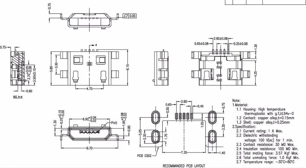 100 шт. разъем Micro USB Type B 5Pin хвостовая плата 0 8 мм коннекторы для припоя зарядки