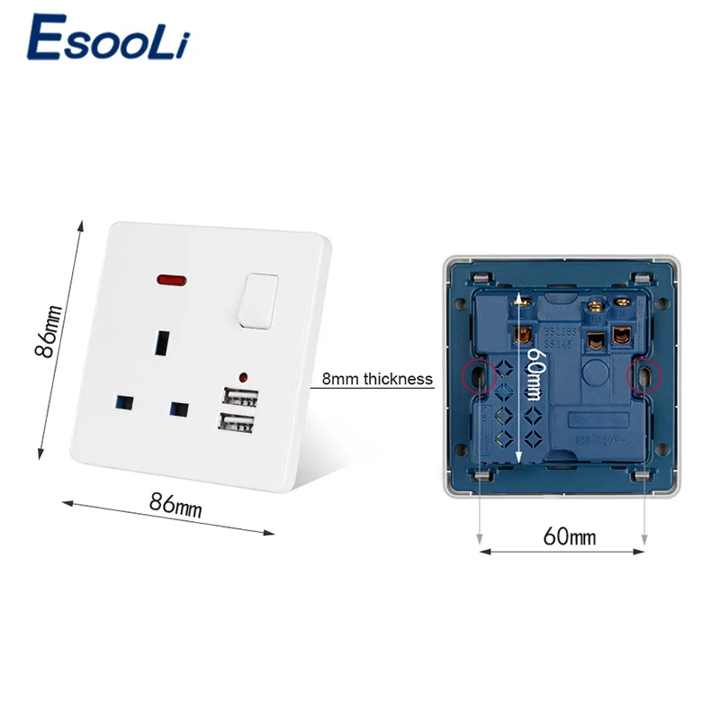 Белая настенная розетка Esooli 13 А британский стандарт переключатель 2 1 два USB порта