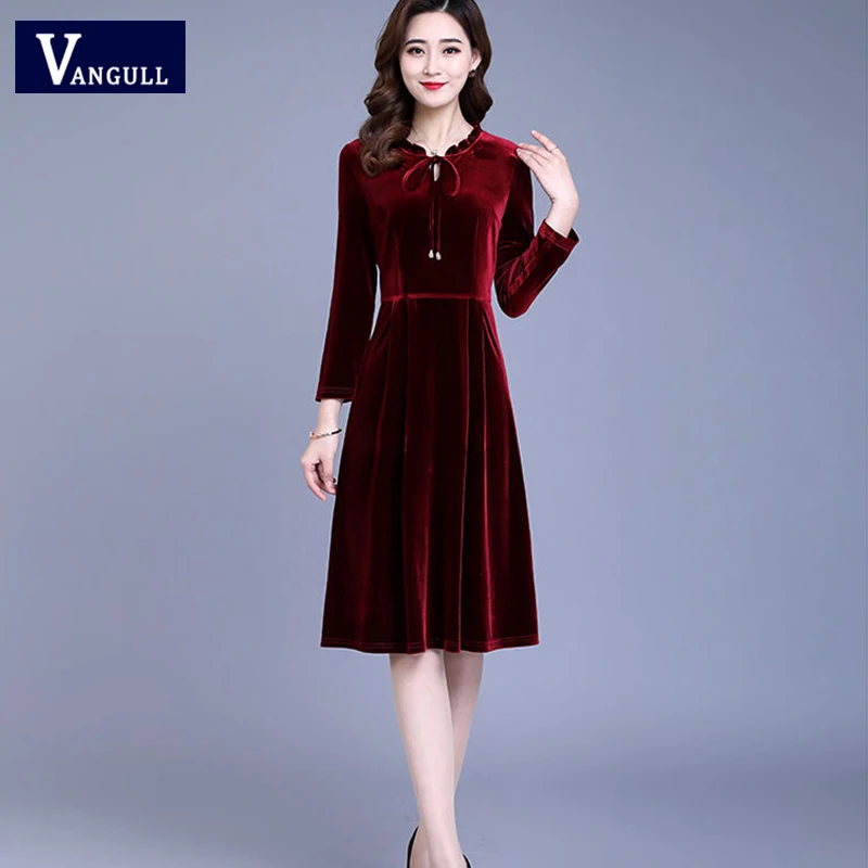 VANGULL, женские бархатные платья, Осень-зима, элегантное женское платье с длинным рукавом по колено, синее, красное вино, длинные платья для вечеринок