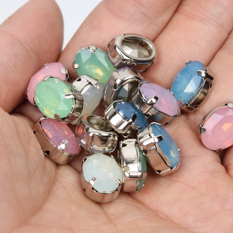 Пришивные стразы овальные 10х14мм опаловые разноцветные полимерные декоративные