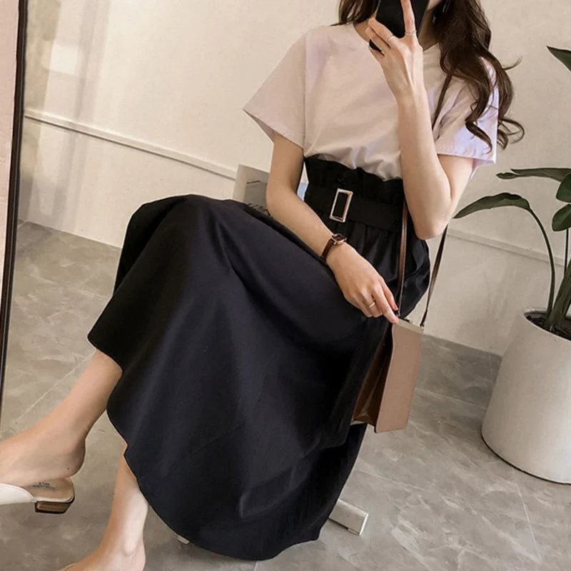 2020 летние женские новые комплекты юбок с коротким рукавом хлопковый топ + юбка