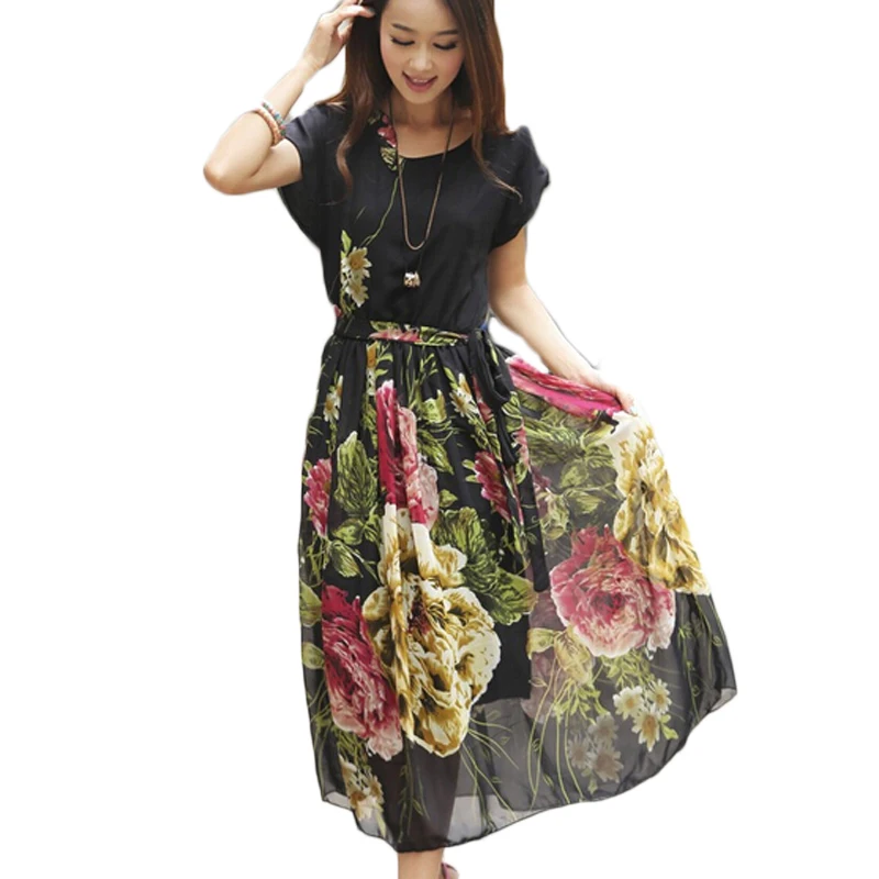 2016 Летняя Мода Шифон Винтаж Длинное Платье Женщины Элегантный Цветочный Boho