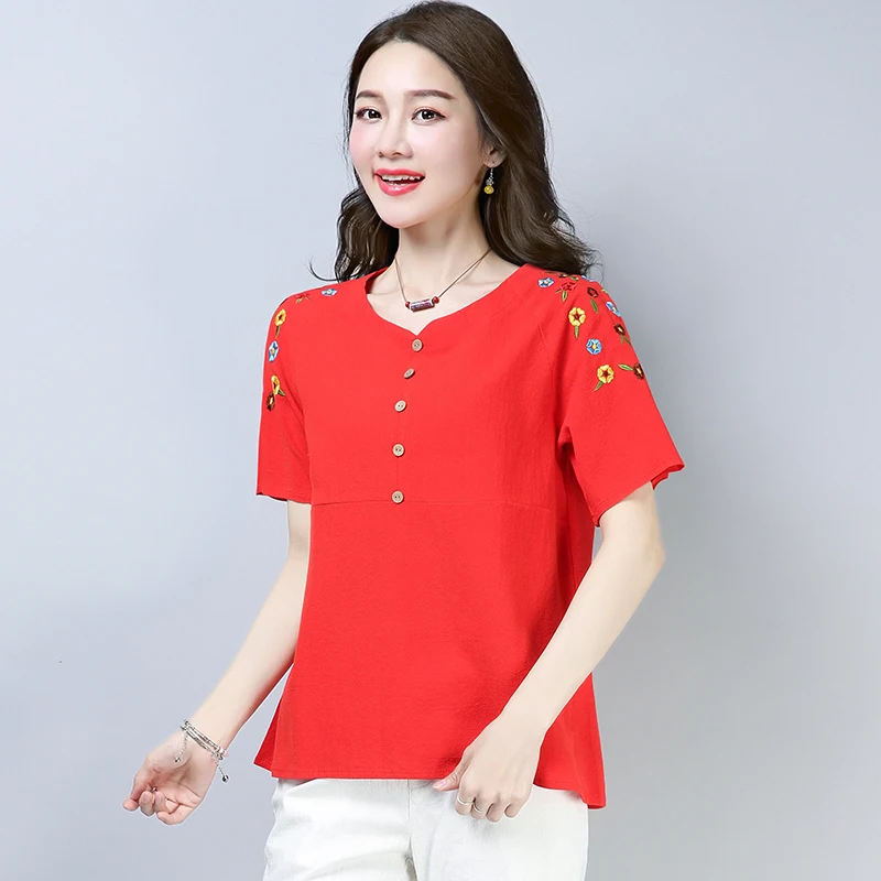 Button V-Neck Summer Tshirt Short Sleeve Retro Embroidery Flowers T-Shirt Loose Breathable Cotton Linen Tops Women Clothing | Женская