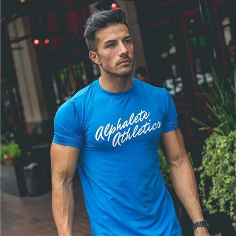 ALPHALETE летняя модная футболка Мужская одежда для тренажерных залов хлопковая с