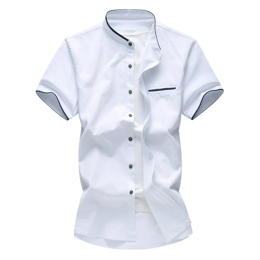 

Men Solid Color Dress Shirts Stand Collar Big Size M-7XL Short Sleeve Cotton 2018 New Arrival Clothes Male White Red Blue T084