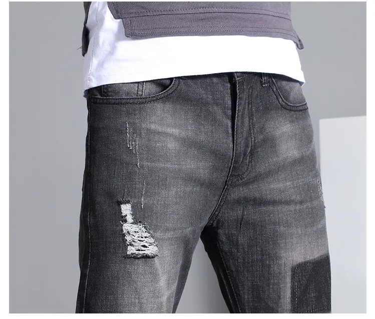 2019 новые черные джинсы Для мужчин Slim Fit рваные колени отверстие летние штаны для