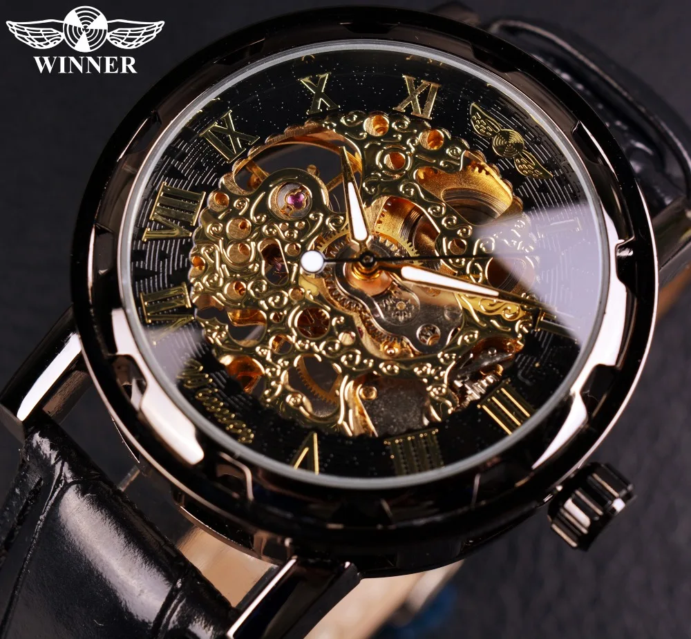 Winner-Reloj de pulsera de cuero para hombre, cronógrafo mecánico masculino, negro y dorado, de marca superior de lujo
