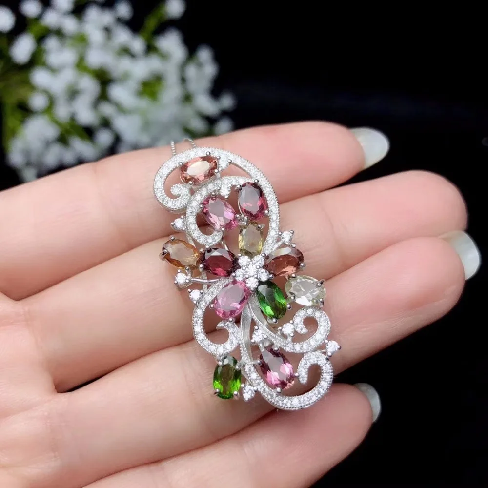 Dual-use style natural tourmaline brooch beautiful colors 925 silver gemstones certificate | Украшения и аксессуары