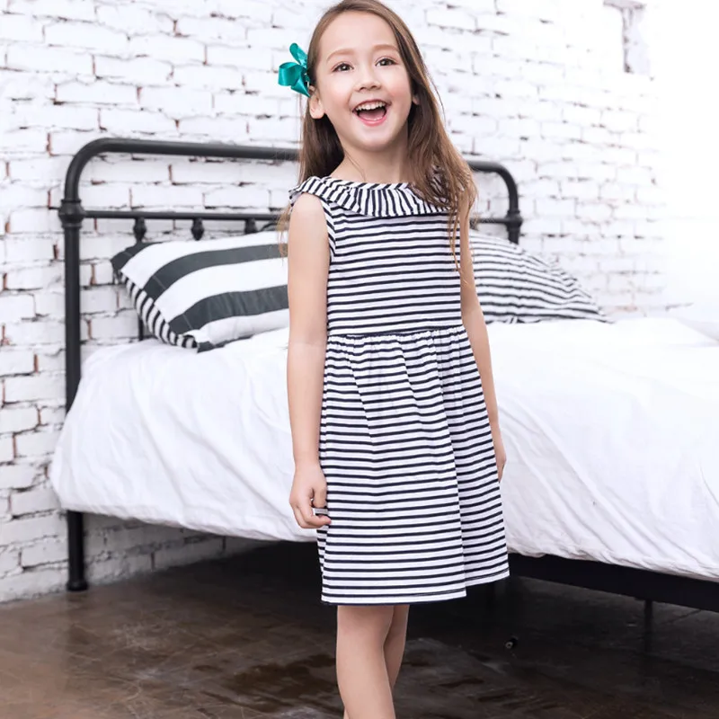 Платья для девочек детские летние Луки натуральный хлопок в полоску воланами V
