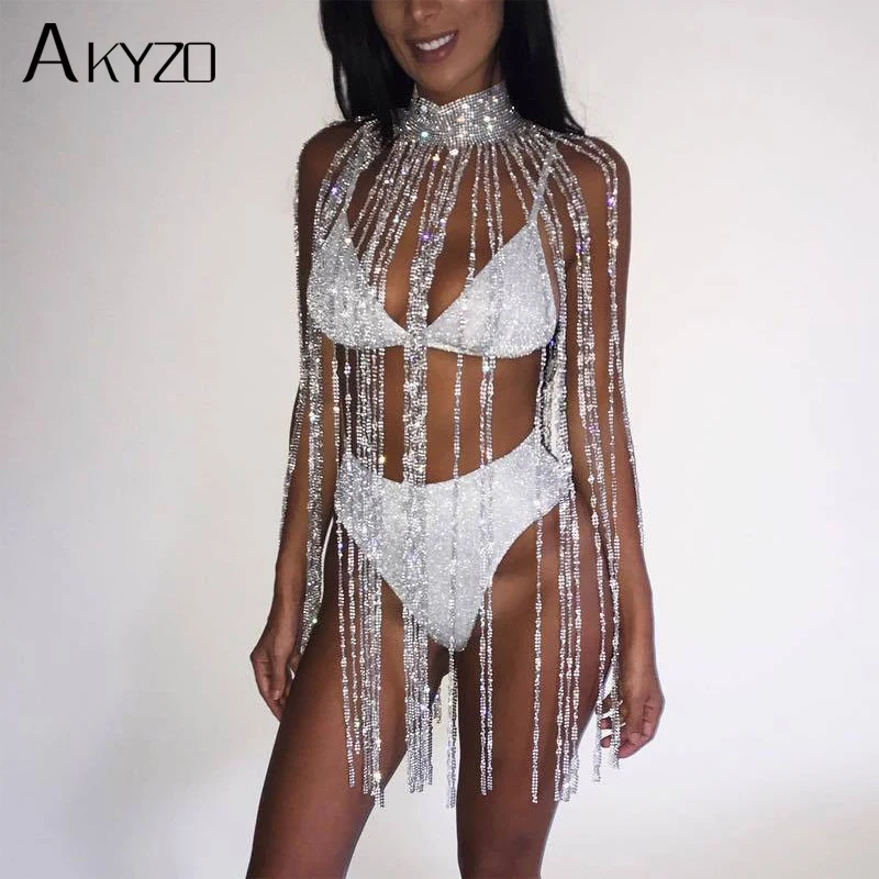

AKYZO 2022 Novelty Rhinestone Crazy Tassel Dress Women Sexy Hollow Out Turtleneck Luxury NightClub Party Mini Dresses One Size
