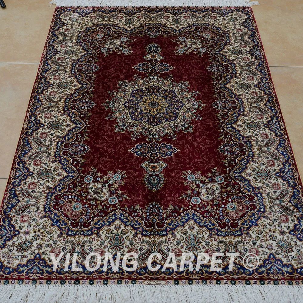 Yilong 3 'x 4 5' Античный персидский шелковый красный Тебриз ковер изысканный новый