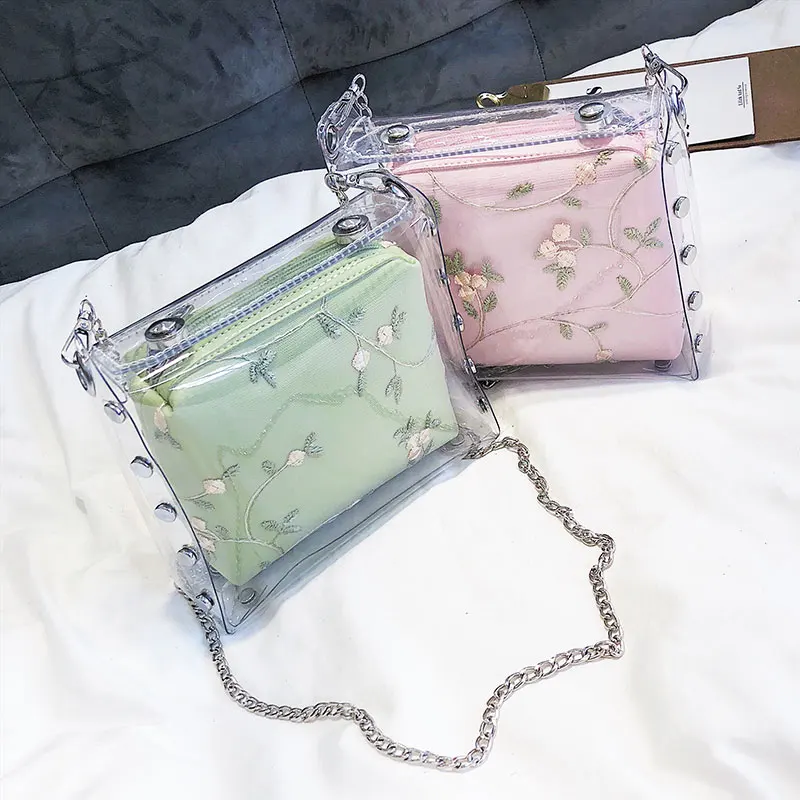 Transparent Jelly bag 2019 Summer New Quality Women's Designer Handbag Lace Flower Chain Shoulder Messenger Purses Bolsas | Багаж и