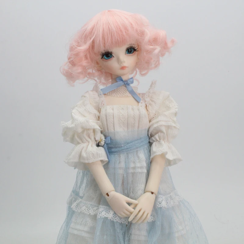 

High-temperature Fiber Synthetic Light Pink Short Body Wavy Curly Hair Wig With Bangs for 1/3 1/4 1/6 BJD MUZIWIG Free Shipping