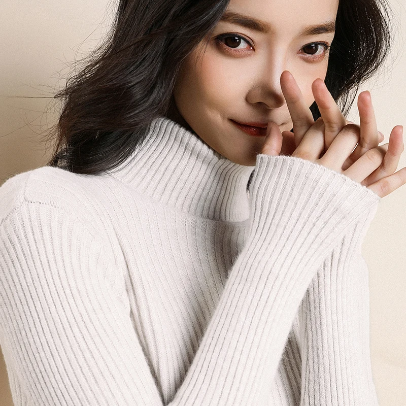 Женский кашемировый свитер JECH однотонный облегающий джемпер с высоким воротом