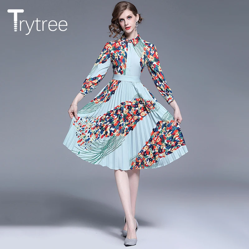Trytree летнее осеннее платье рубашка с принтом женские платья синее отложным
