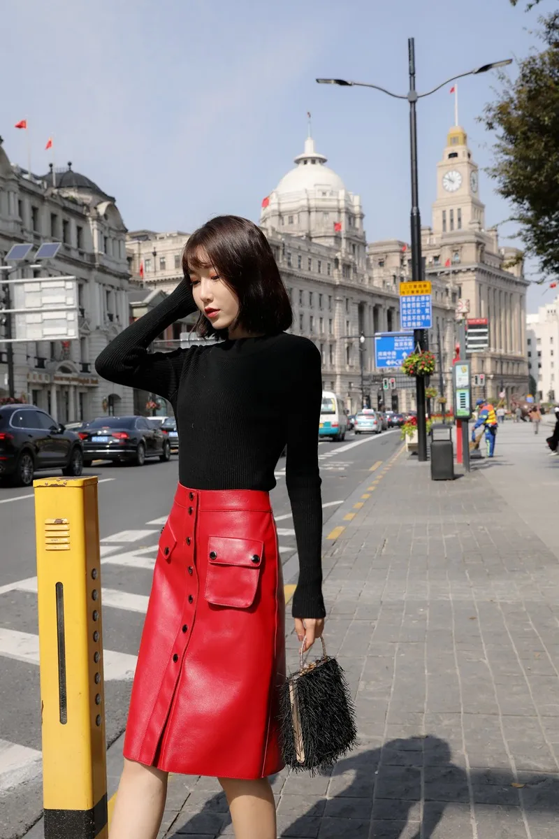 Top Quality Genuine Leather Womens Knee Length Skirts High Waist Single Breasted Pockets Office Ladies Sheepskin A-Line Skirts
