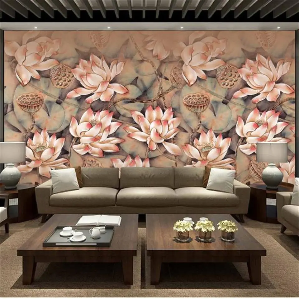 

Настенные 3D-обои на заказ, для гостиной, с рисунком цветка лотоса, дивана, телевизора, фоновые обои для стен