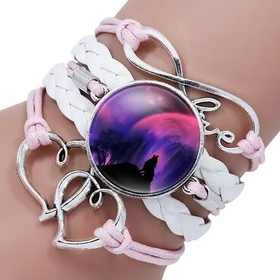 Retro Style Leather Bracelet Men Boho Glass Cabochon Moon Wolf Pattern Mens Bracelets 2019 Hand Jewelry | Украшения и аксессуары