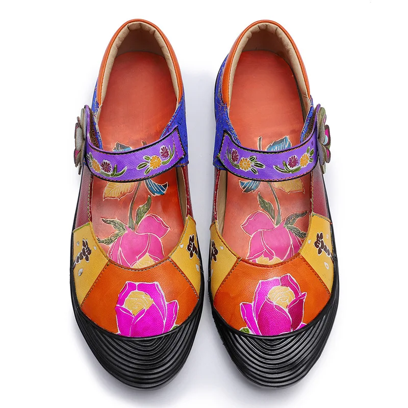 Vintage Sandals Flowers Pattern Splicing Genuine Leather Stitching Hook Loop Slip On Elegant Shoes Women 2019 | Обувь