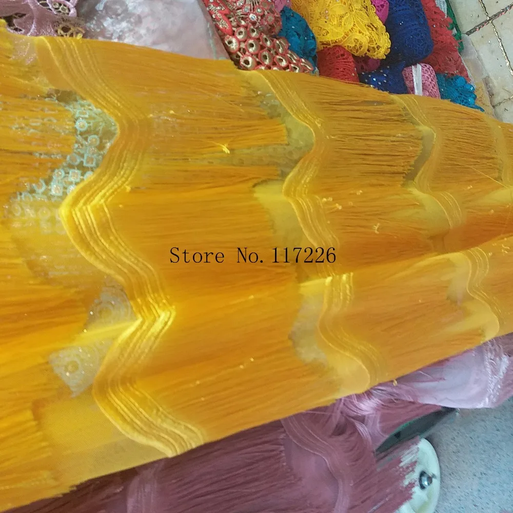 Желтая вышитая Тюлевая кружевная ткань яркое качество французская сетчатая для