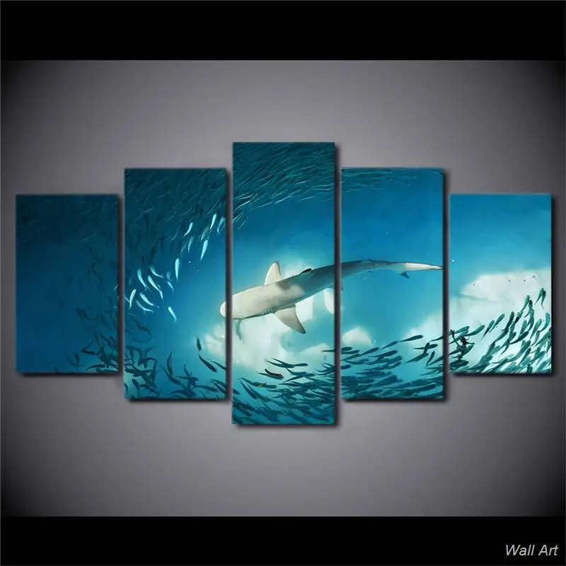Hd Печатный 5 шт. холст искусство картина с изображением акулы Cluster Of Fish Deep Blue Ocean