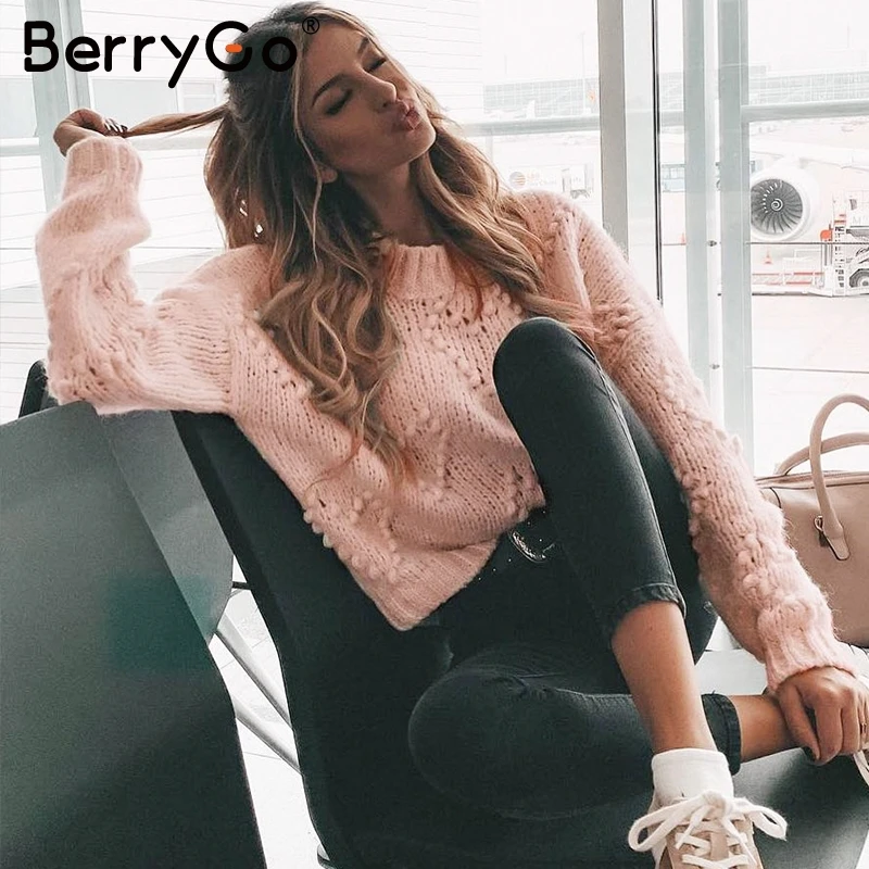 BerryGo Vintage autumn winter knitted sweaters women Casual O neck long sleeve pink pullovers female Pompon loose ladies jumpers | Женская