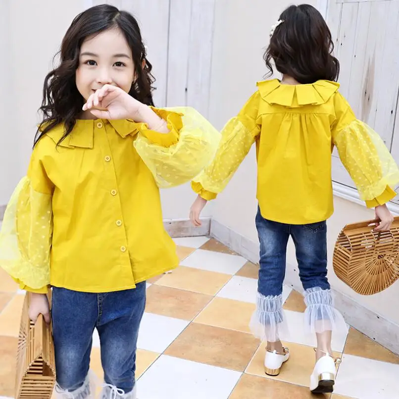 design 1 yellow Г. Весенне-осенняя блузка принцессы для девочек детские рубашки топы и блузки в горошек с длинными рукавами для маленьких девочек и подростков детская одежда - Цвет: design 1 yellow