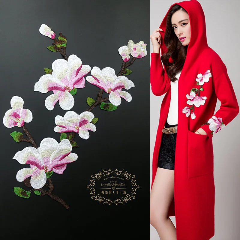 Лидер продаж пион манголия цветок одежда вышитая кружевная ткань термоклейкая