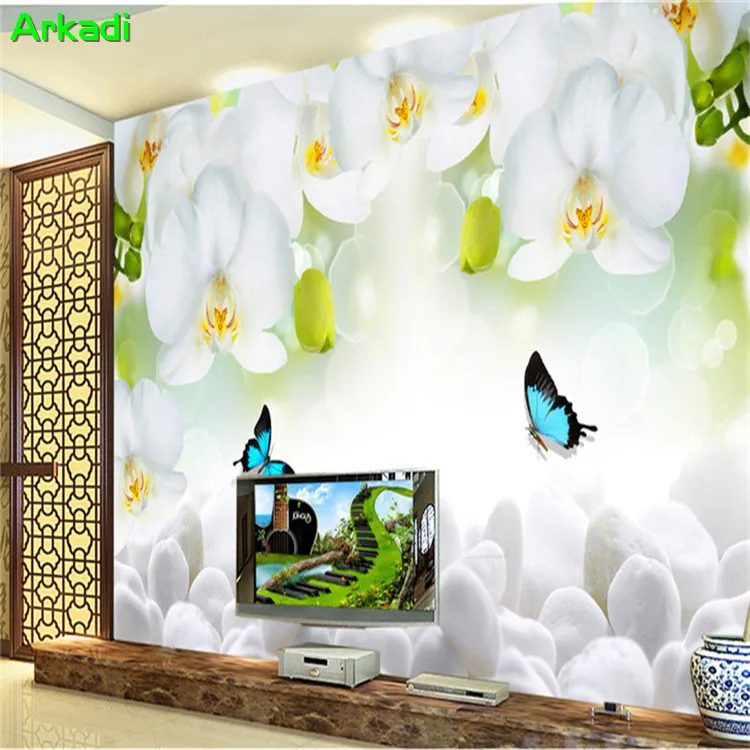Modern minimalist white orchid flower butterfly photo wallpaper living room sofa TV background wall home decoration painting |
