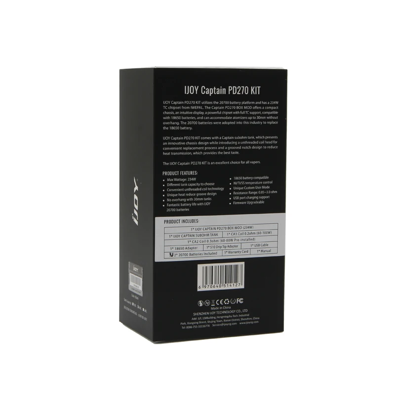 Оригинальный комплект IJOY Captain PD270 с 20700 батареей 234 Вт бокс мод 2 мл S Subohm Tank