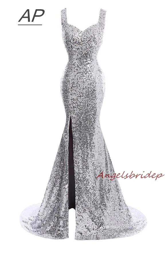 Sparkly Sequined Silver Mermaid Prom Dresses Vestido De Festa Sexy See-Through Back Side Split Court Train Formal Party Gowns | Свадьбы и