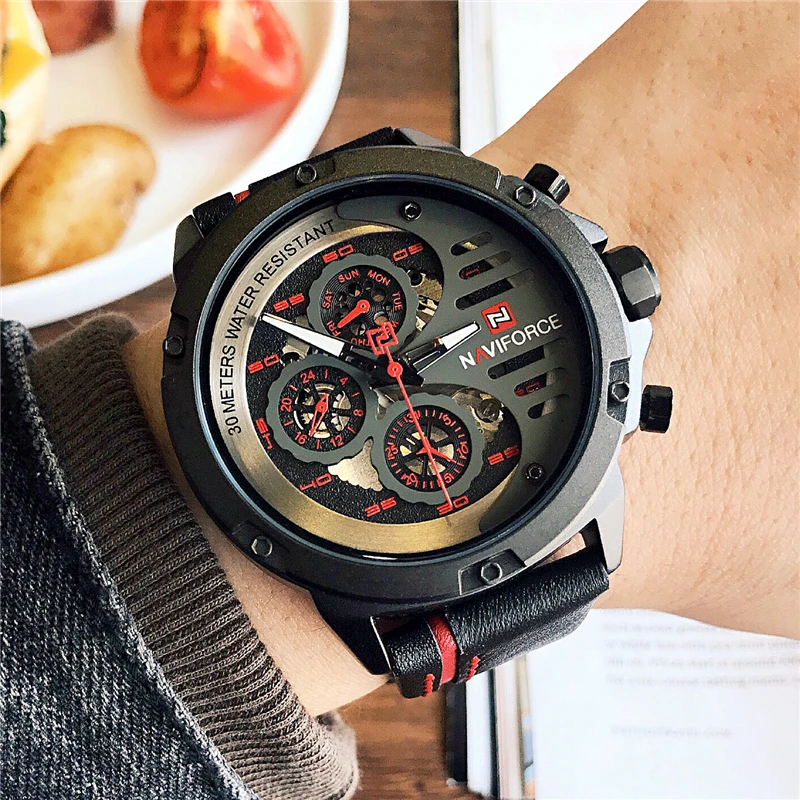 Часы наручные Naviforce мужские с кожаным ремешком модные многофункциональные