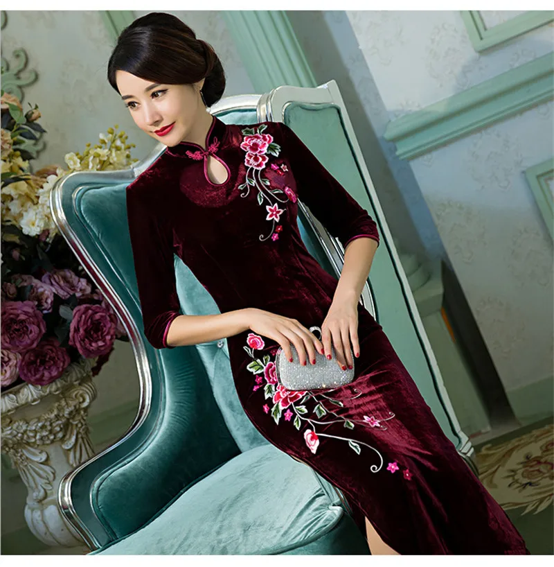 Для женщин большой размеры длинные бархатные Cheongsam вышивка мать Стенд воротник Длинные Qipao платье Половина рукава свадебный банкет 3XL 4XL