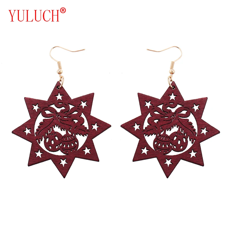 

YULUCH African retro woman earrings geometric polygonal wooden openwork stars Christmas bells party gifts