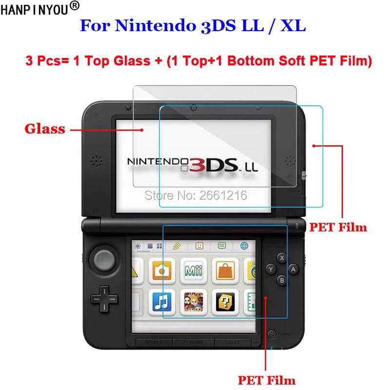 3 Pcs/Lot For Nintendo 3DS LL / XL 3DSXL 3DSLL (2 Top + 1 Bottom) Tempered Glass /Soft PET 9H 2.5D Premium Screen Protector Film