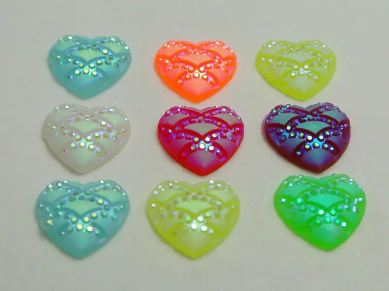

100 Mixed Colour Flatback Resin Heart Cabochon Dotted Wave Rhinestone Gem 12mm