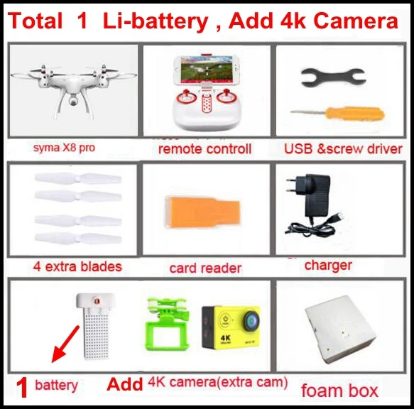 SYMA X8Pro 4K Cam 1b SYMA X8PRO X8 Pro gps Дрон wifi FPV с 720 P HD камерой или в режиме реального времени H9R 4 K камера Дрон высота удержания x8 pro RC Квадрокоптер RTF - Цвет: SYMA X8Pro 4K Cam 1b