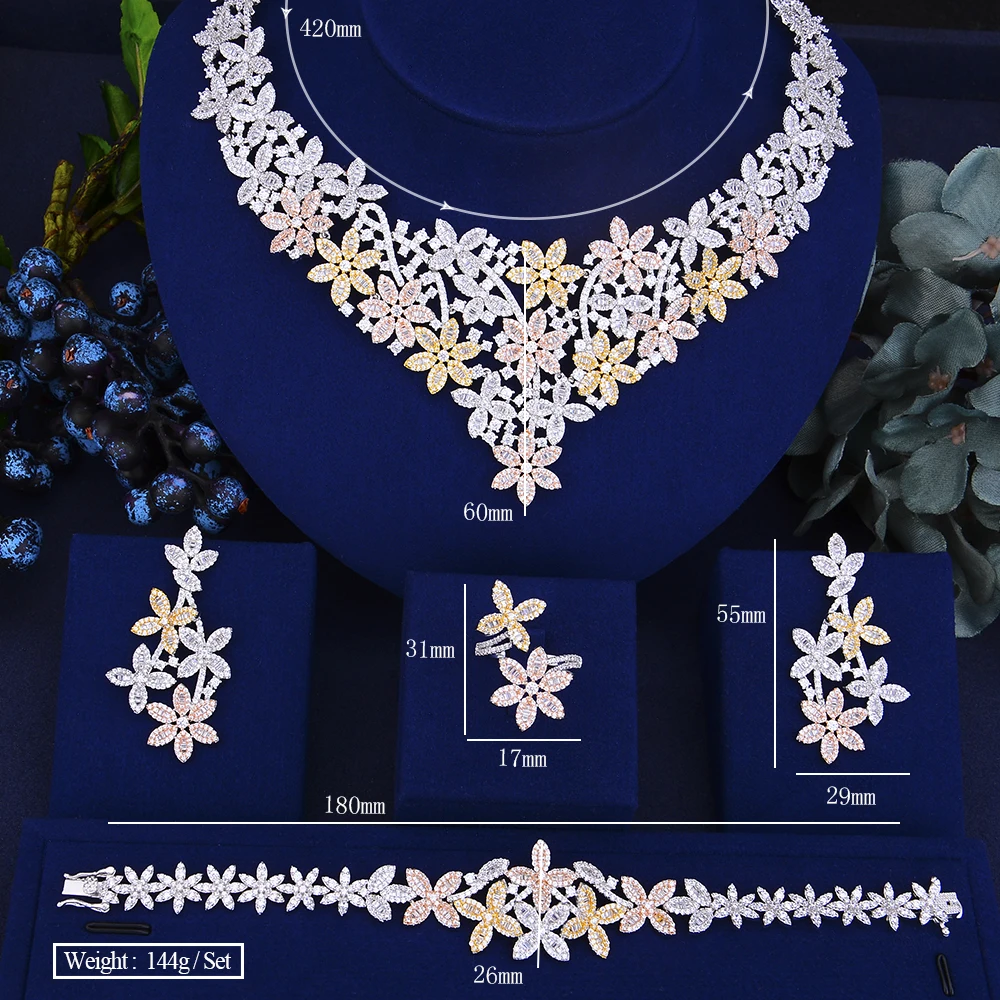 

SisCathy Luxury Shiny Jewelry Sets Flower Pendant Necklace Earrings Bangle Resizable Ring Jewelry Sets For Women Bridal Wedding