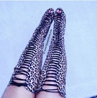 sexy peep toe lace up long suede leather winter boots leopard over the knee high heel women boots fashion cutouts gladiator boot