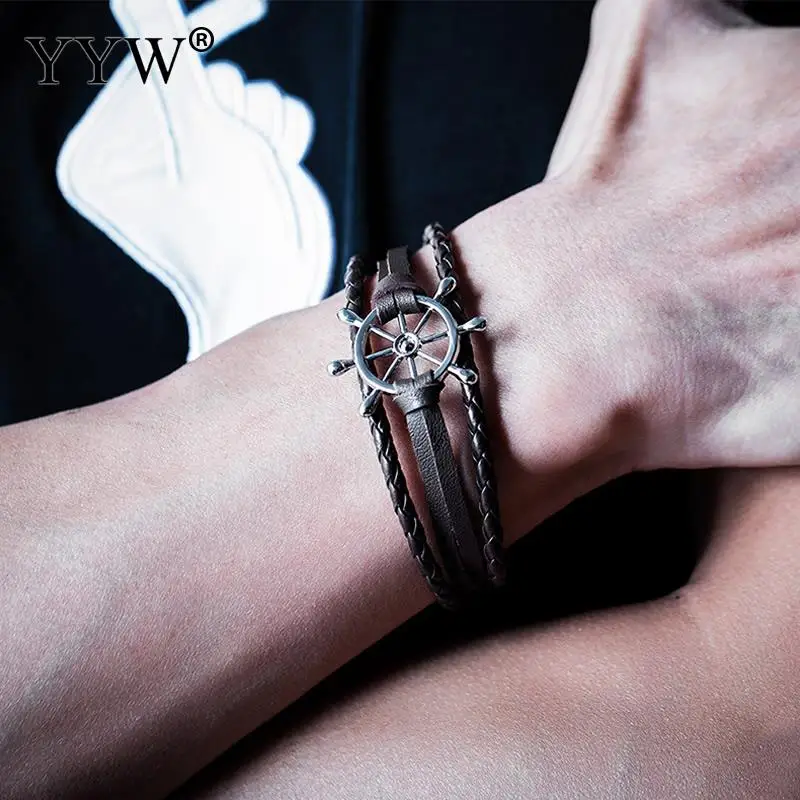 

Punk Black Leather Charm Bracelets Men Couple Hope Rudder Bracelets Viking Bangles For Men Women Femme Homme Anchor Wristband