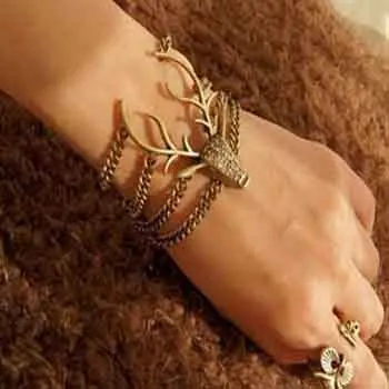 XUBCHC 1 PCS Fashion Vintage Deep Copper Color Many crystal Bohemian Rhinestone Deer Head Bracelet Bangle for women | Украшения и