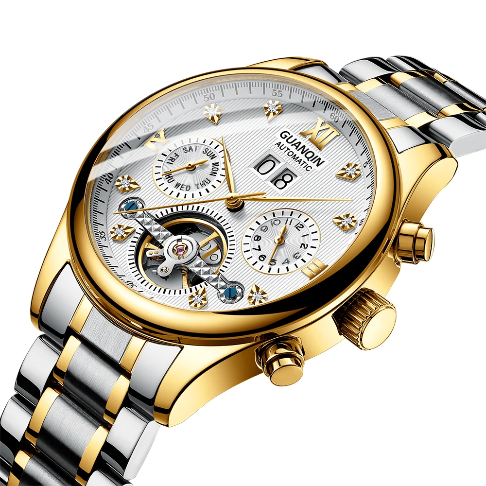 GUANQIN часы Мужские механические Tourbillon стильные автоматические водонепроницаемые часы с ремешком из нержавеющей стали золотые часы Erkek kol saati