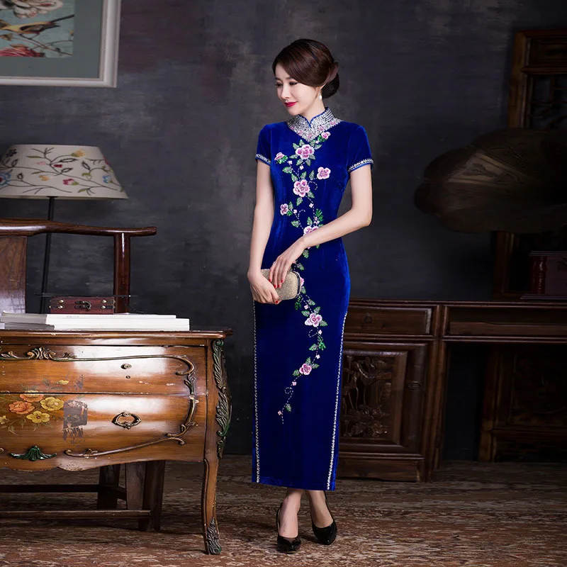 Velvet Blue Long Modern Qipao Embroider Dress Women Cheongsam Chinese Traditional Oriental Evening Gown Robe Chinoise Qi Pao