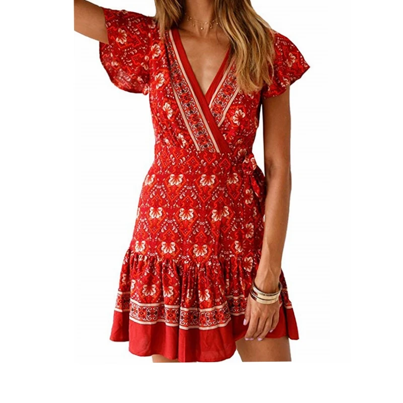 Boho/женское летнее мини платье с коротким рукавом и поясом повседневное кружевное