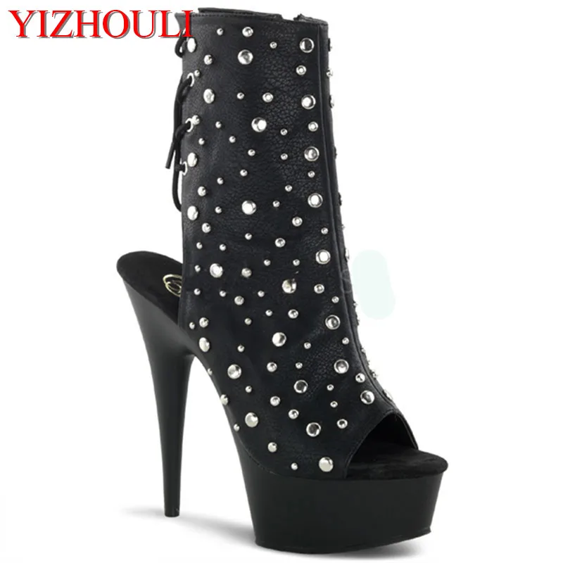 15cm thin heel high heels for women, stage performance ankle boots, women spring/summer rivet decoration, dance shoes