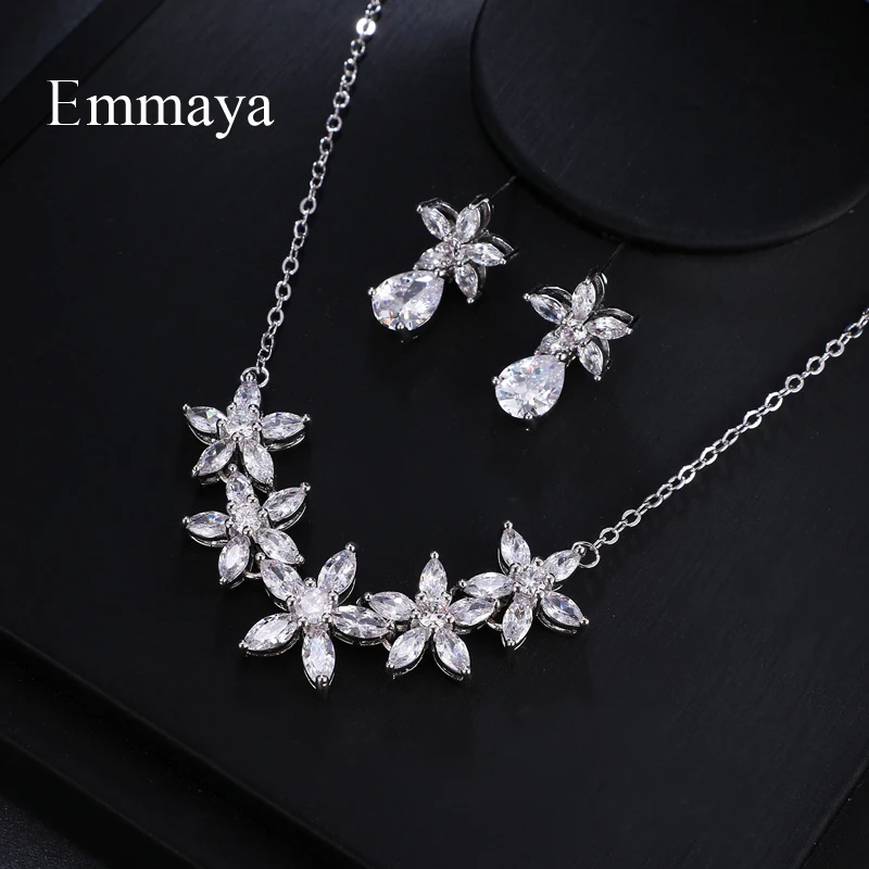 Emmaya Brand Fashion Flower Cubic Zircon Water Drop Pendant Crystal Earrings Necklace Set For Women Elegance Bride Jewelry Gift | Украшения